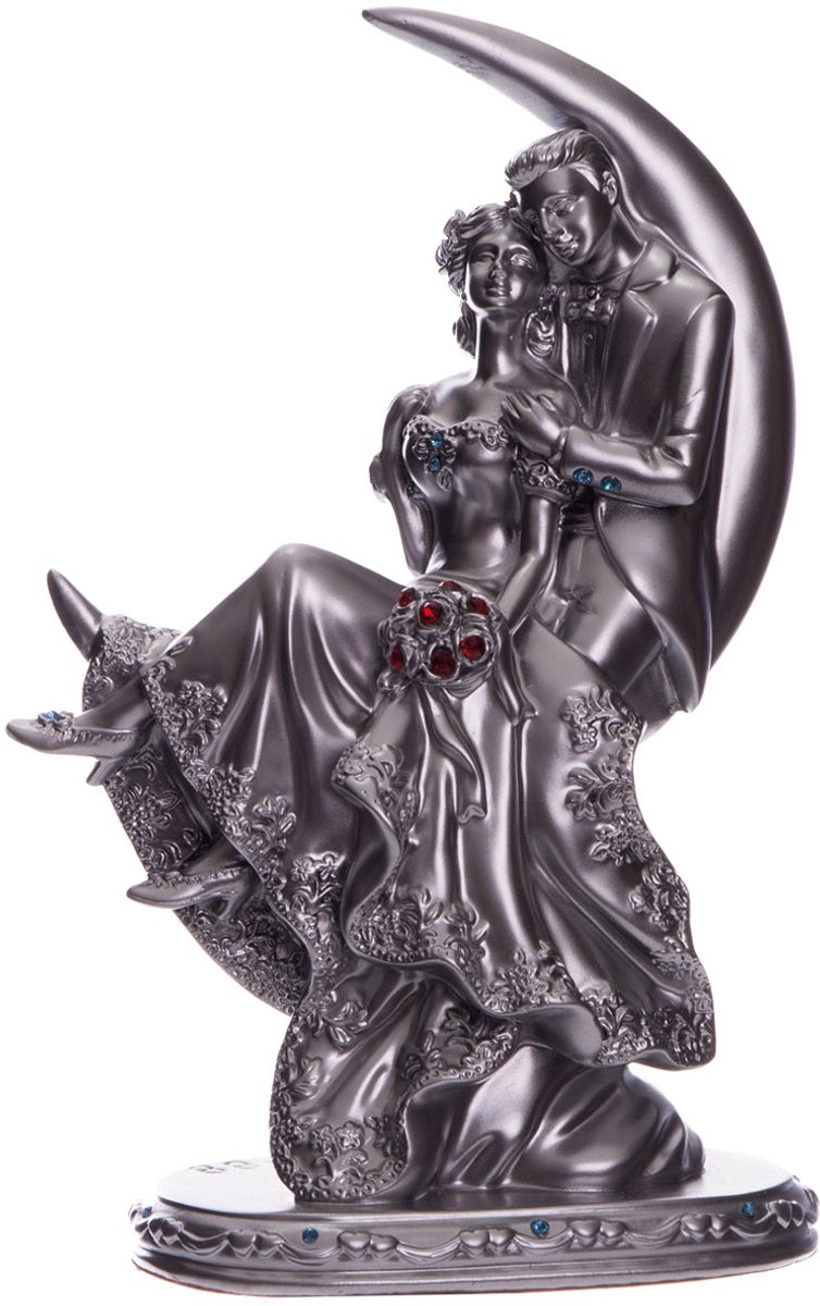 Zilverkleurig Beeld van een Koppel op de Maan – Romantische Decoratie & Taarttopper